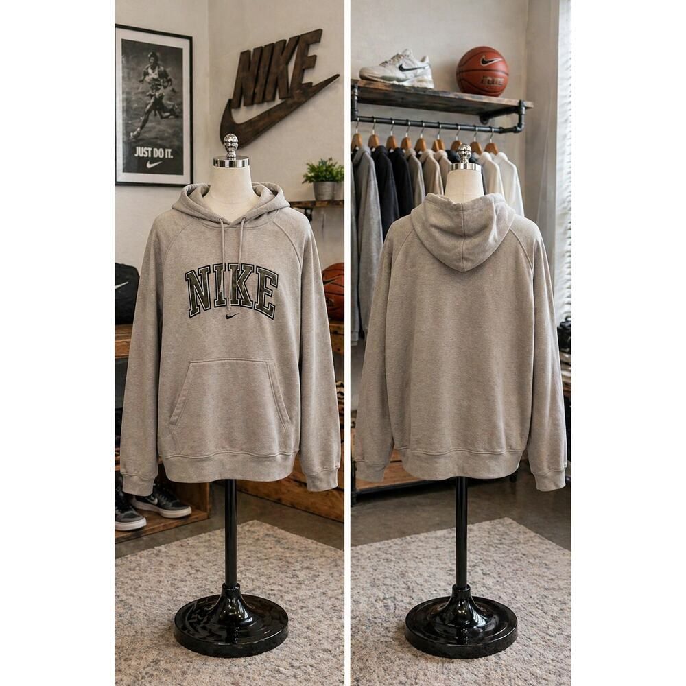 Vintage Y2K Nike Hoodie XL Beige Spellout Pullover Center Swoosh Extra Large